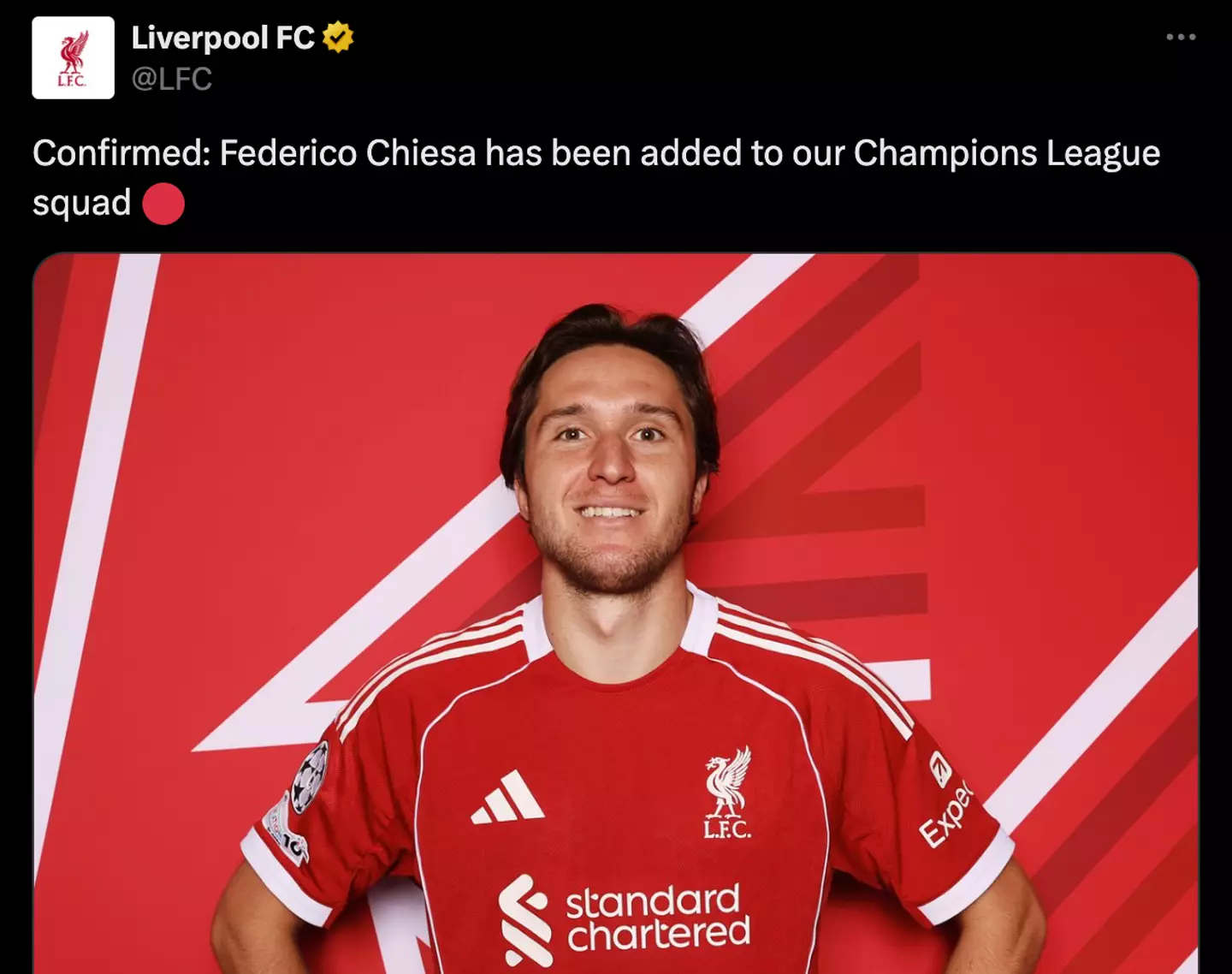 Liverpool confirmed Chiesa's inclusion last week (Image: Liverpool FC/Twitter)