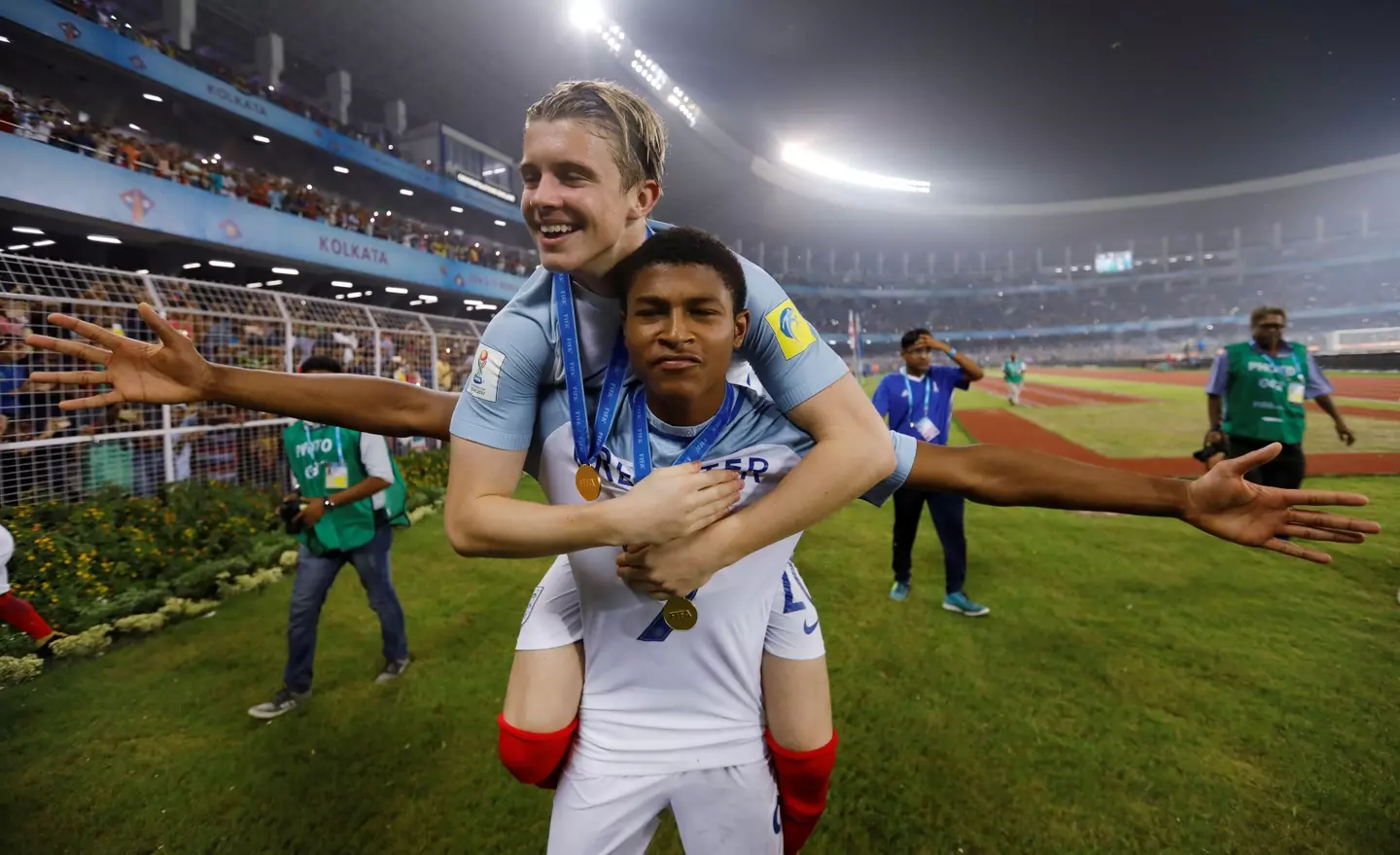 Rhian Brewster and Conor Gallagher celebrate winning the 2017 FIFA U-17 World Cup. Image credit: Alamy