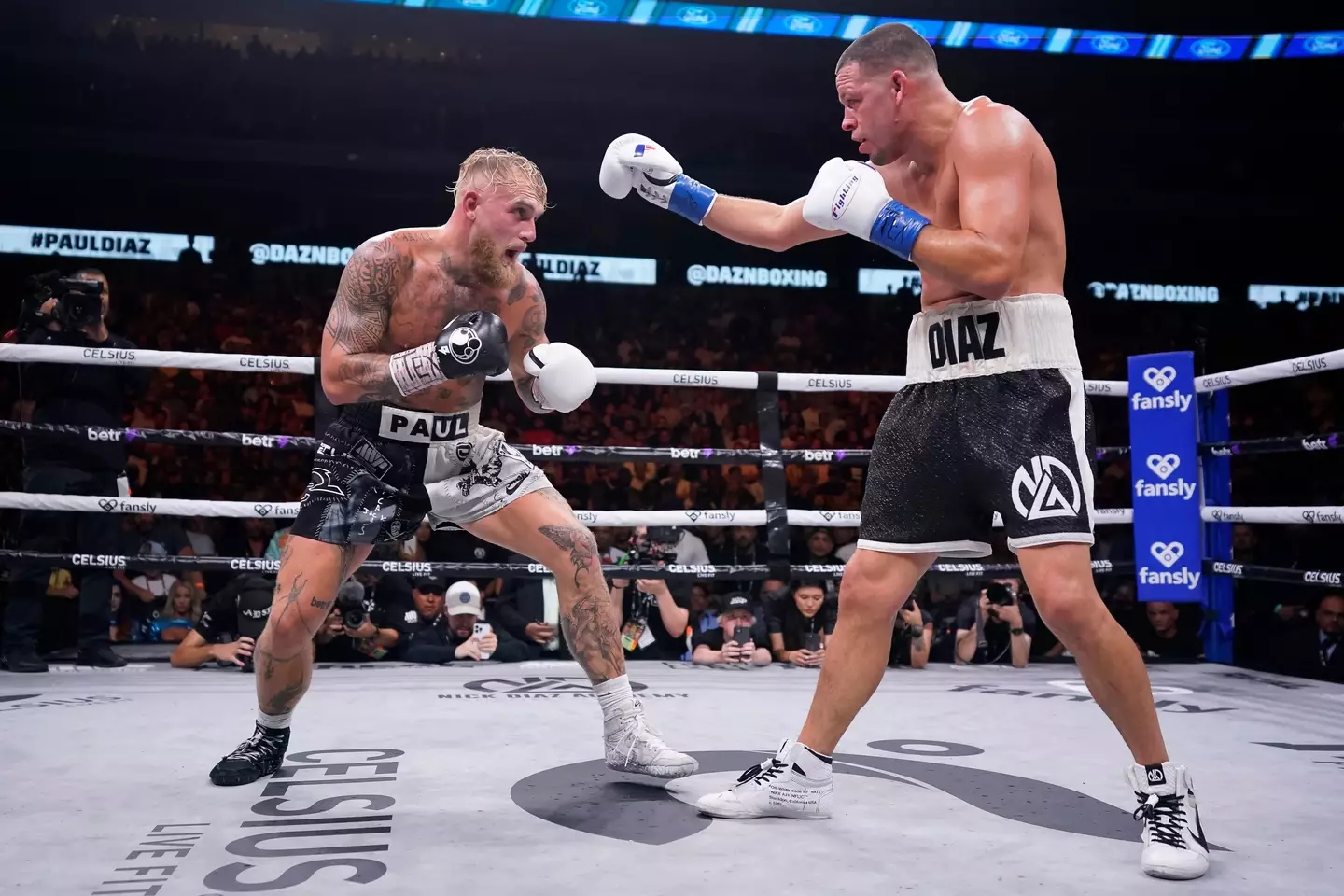 Jake Paul and Nate Diaz during their boxing bout in 2023. Image: Getty