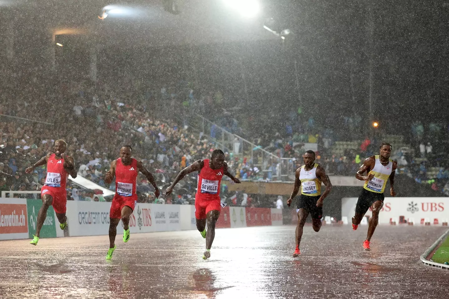 Seville crosses the line in the 100m final at the World Athletics Diamond League in Lausanne, Switzerland. Image credit: Getty