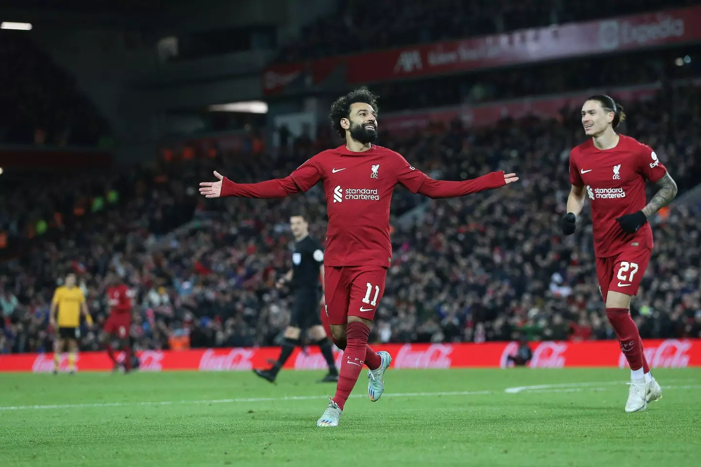 Salah celebrates his goal. Image: Alamy