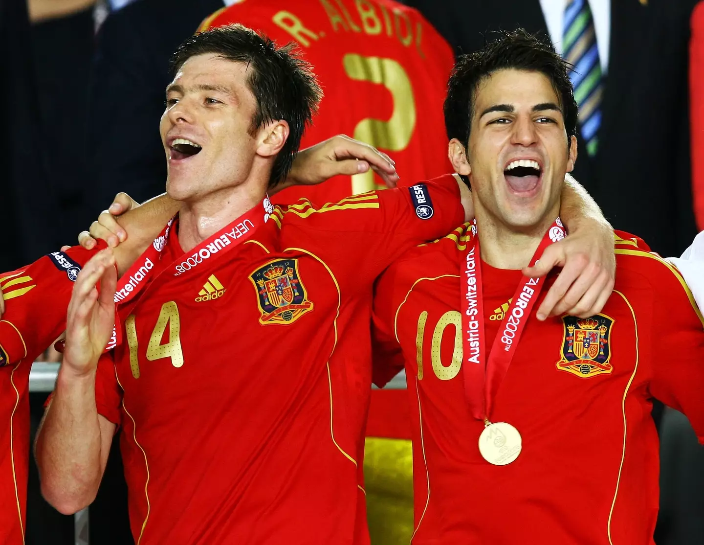 Xabi Alonso and Cesc Fabregas following Spain's Euro 2008 triumph. Image: Getty