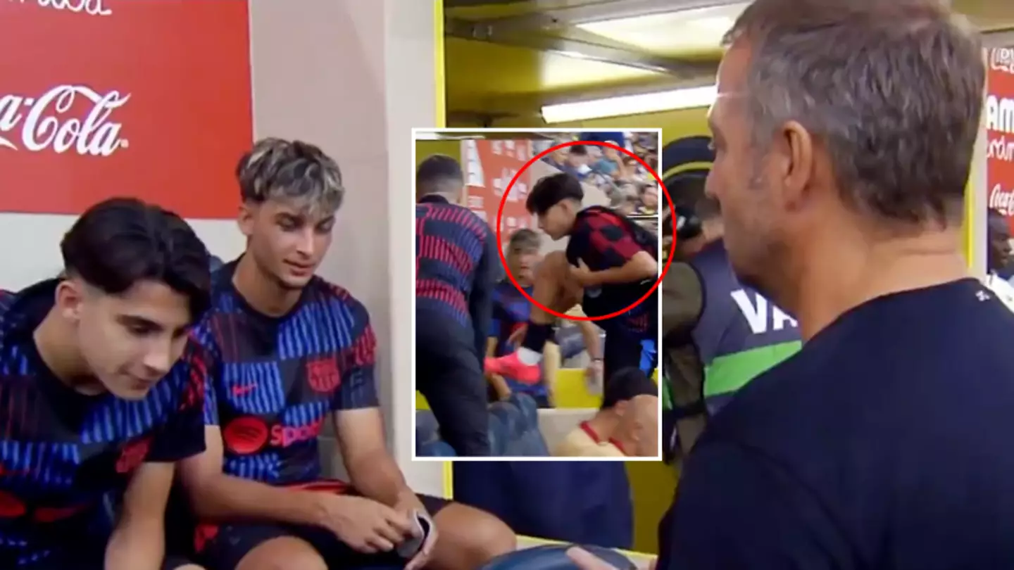 Hansi Flick’s reaction to 16-year-old Toni Fernandez climbing over his seat with dirty boots is going viral