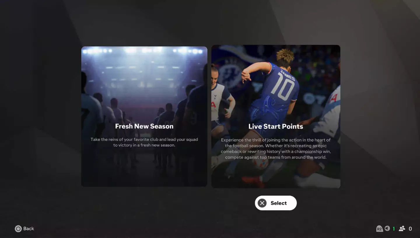 When creating a new Manager or Player Career from the EA FC 25 main menu, you'll see a new Live Start Points option. image: Getty