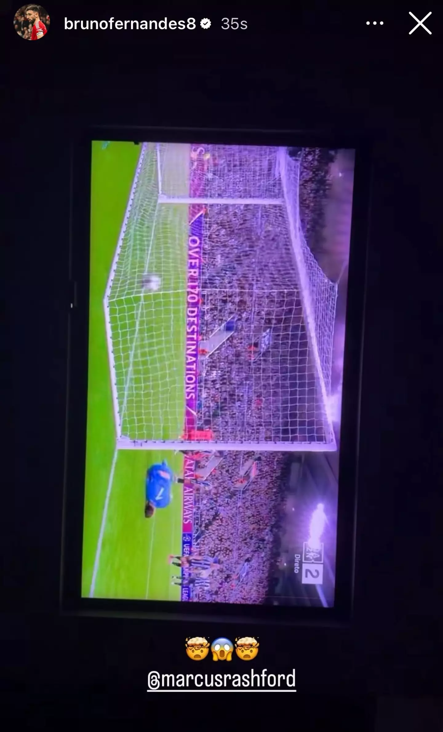 Manchester United captain posted his reaction to Rashford's second goal on Instagram. (Image: Bruno Fernandes)