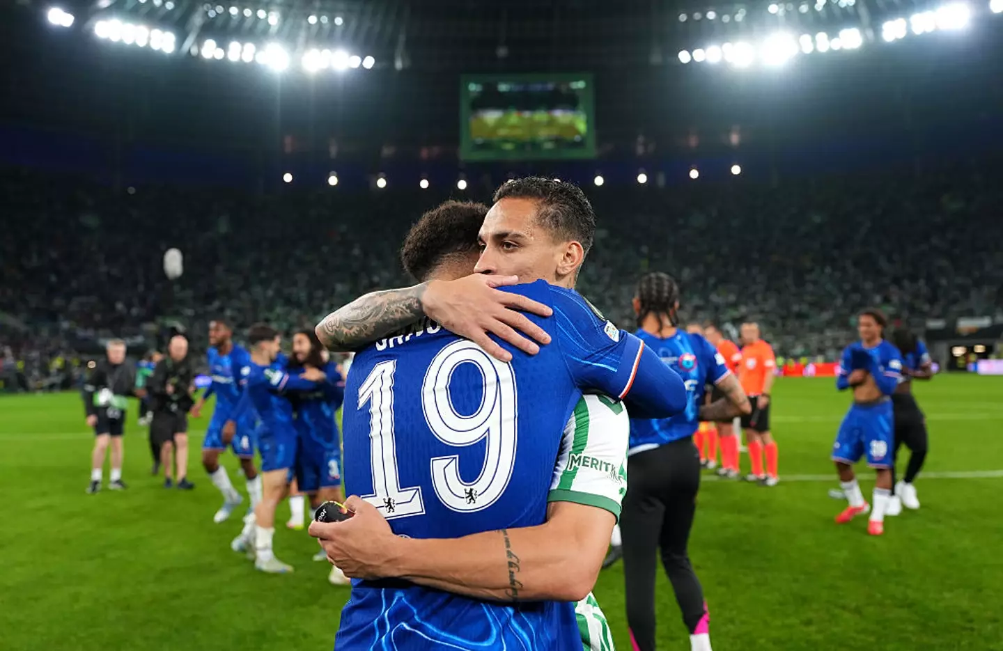 Manchester United loanees Jadon Sancho and Antony embraced after the Conference League final. (Image: Getty)