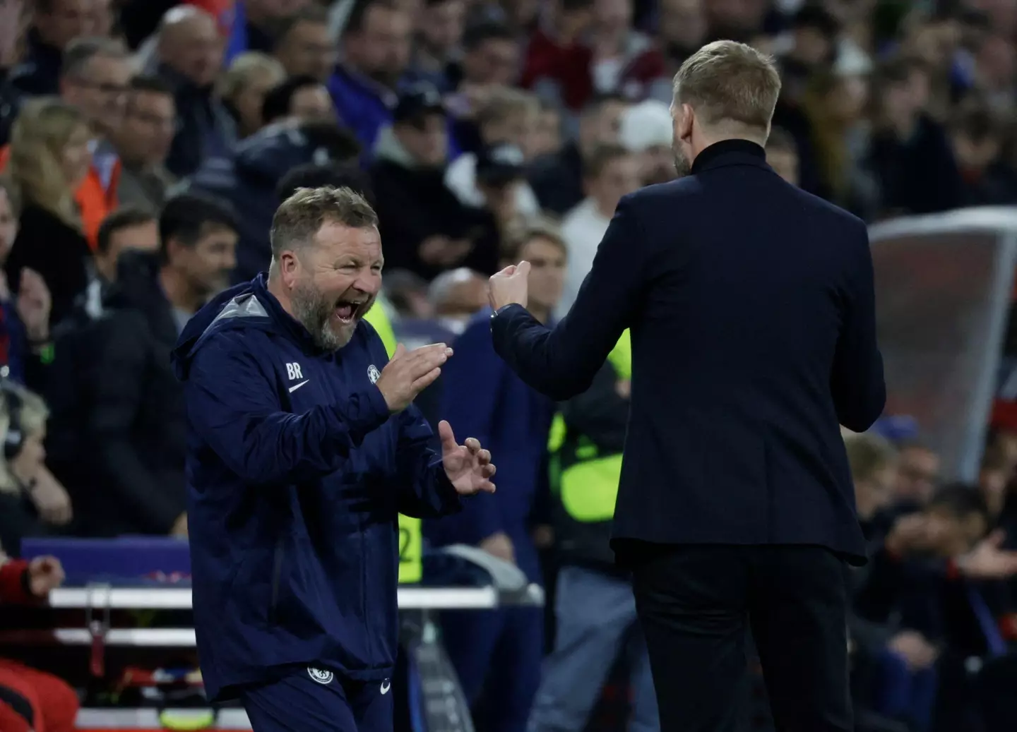 Chelsea manager Graham Potter celebrates with assistant manager Billy Reid in Austria. (Alamy)