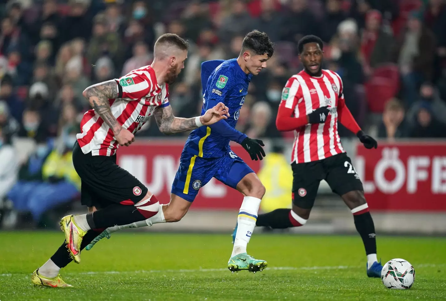 Brentford's Pontus Jansson (left) and Chelsea's Jude Soonsup-Bell in action during the Carabao Cup quarter final match at the Brentford Community Stadium. (Alamy)