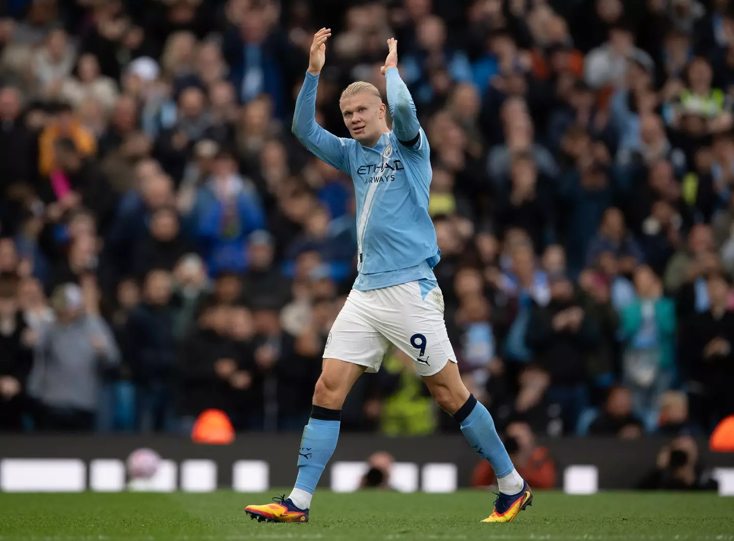 Erling Haaland scored twice in the derby win over Manchester United. Image: Getty