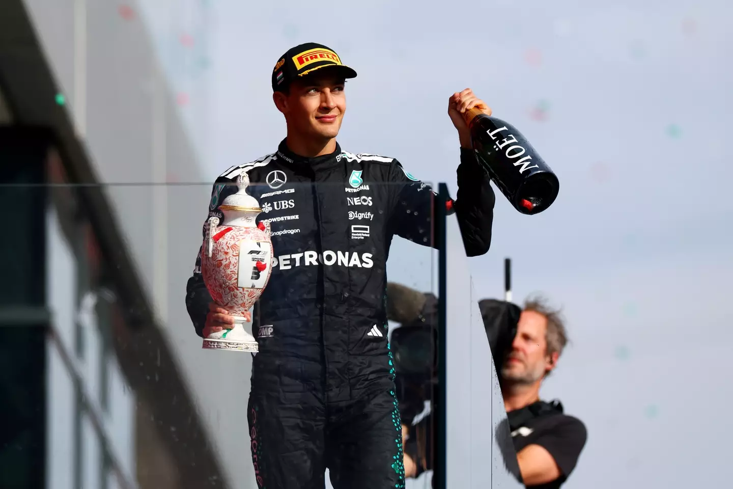 George Russell on the Hungary podium in 2025 (credit: getty)