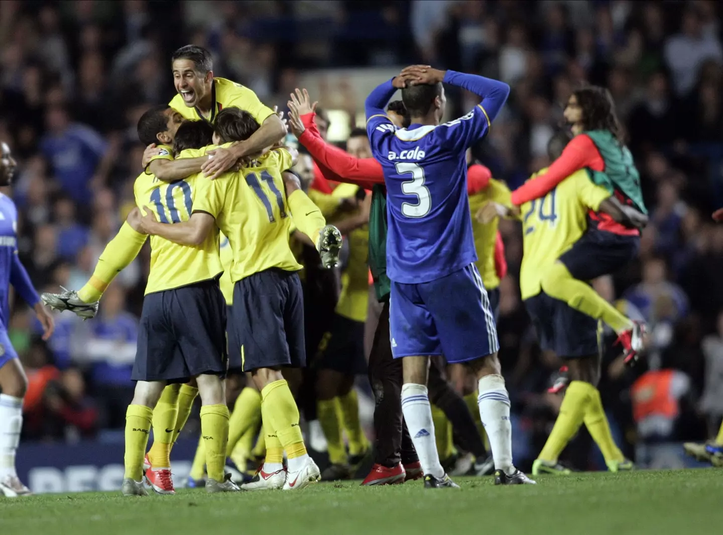 Barcelona celebrate a victory over Chelsea in the Champions League. Image: Getty