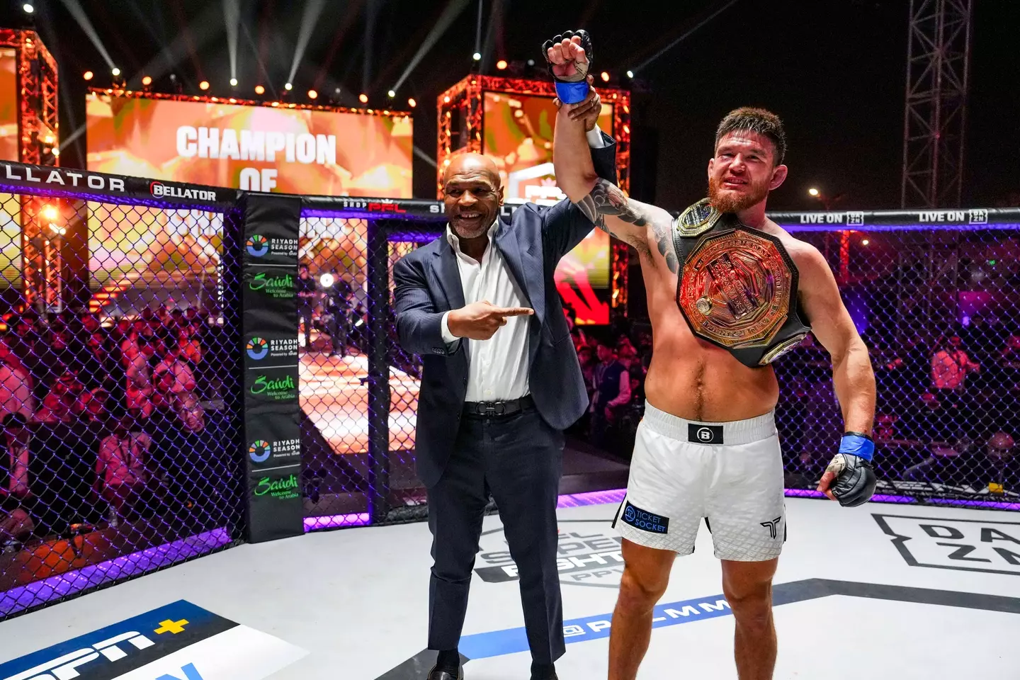 Mike Tyson at last month's PFL vs. Bellator event. Image: Getty 