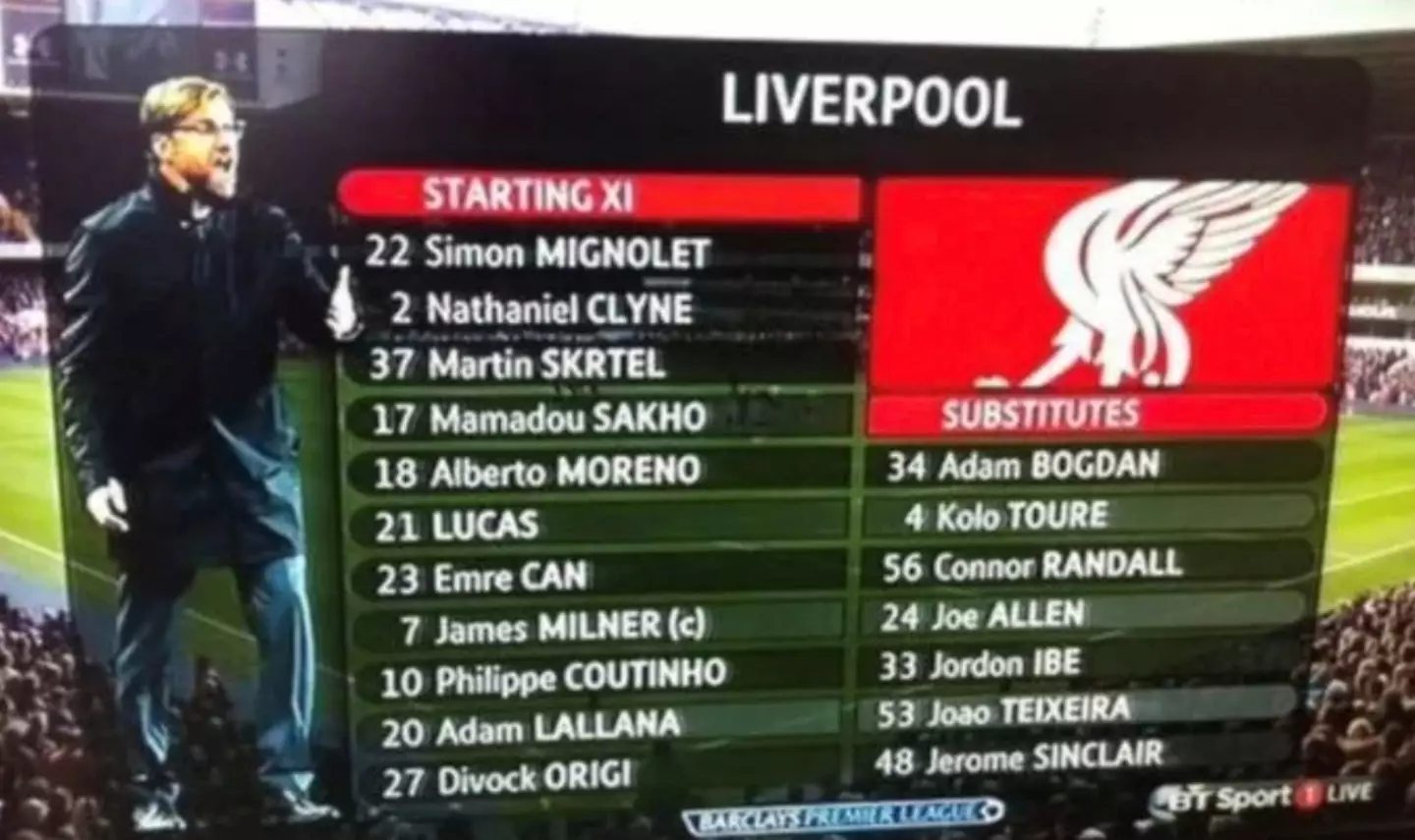 Klopp's starting XI in his first match as Liverpool manager (Image: BT Sport)