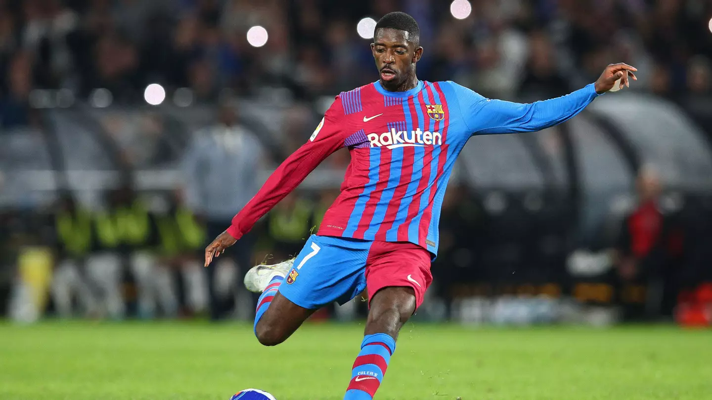 Ousmane Dembele striking at goal for Barcelona. (Alamy)