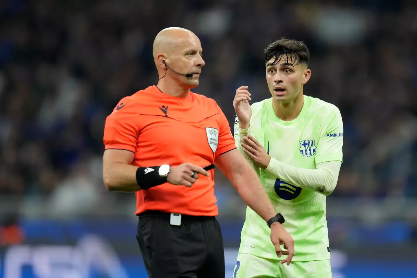 Pedri was not happy with Marciniak's display. Image: Getty