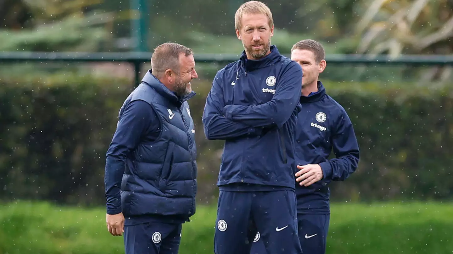 Chelsea manager Graham Potter (centre) with assistant manager Billy Reid (centre) and Anthony Barry during a training session at Cobham Training Centre. (Alamy)