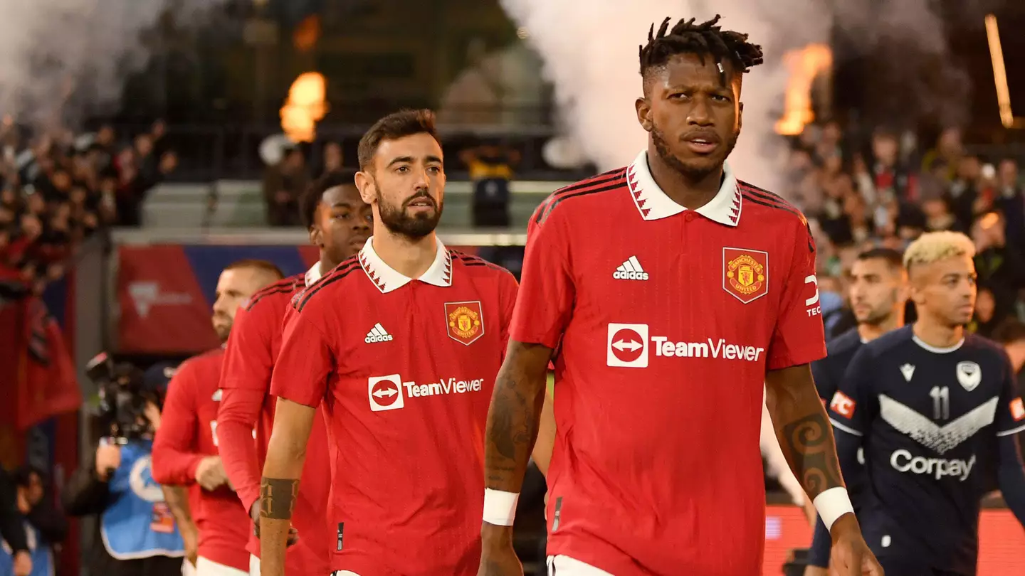 Fred, Bruno Fernandes, Luke Shaw and Anthony Elanga walk out ahead of Manchester United's win against Melbourne Victory in pre-season. (Alamy)