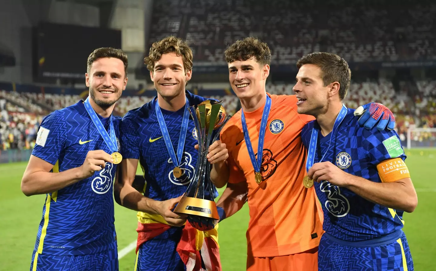 Chelsea's Saul Niguez, Marcos Alonso, Kepa Arrizabalaga and Cesar Azpilicueta celebrate with their winner's medals after the FIFA Club World Cup Final match. (Alamy)