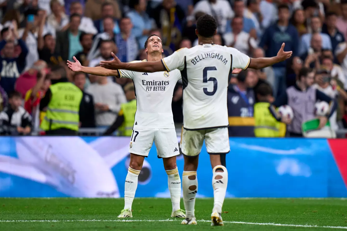 Jude Bellingham and Lucas Vasquez celebrate a Real Madrid victory. Image: Getty