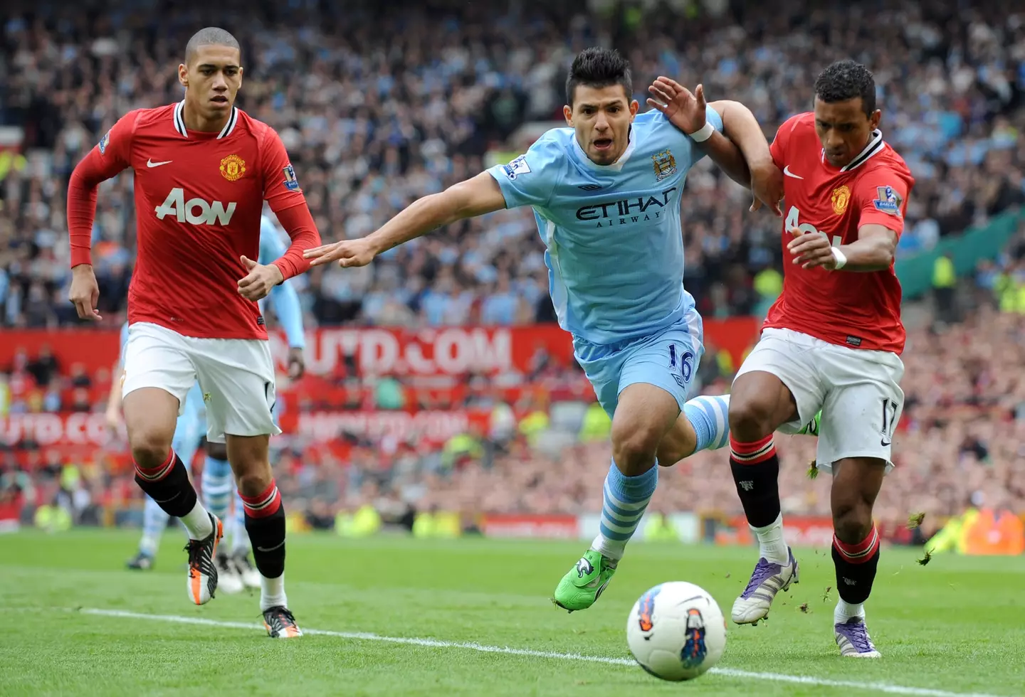 Sergio Aguero and Nani battle for the ball during a Premier League match. Image: Getty