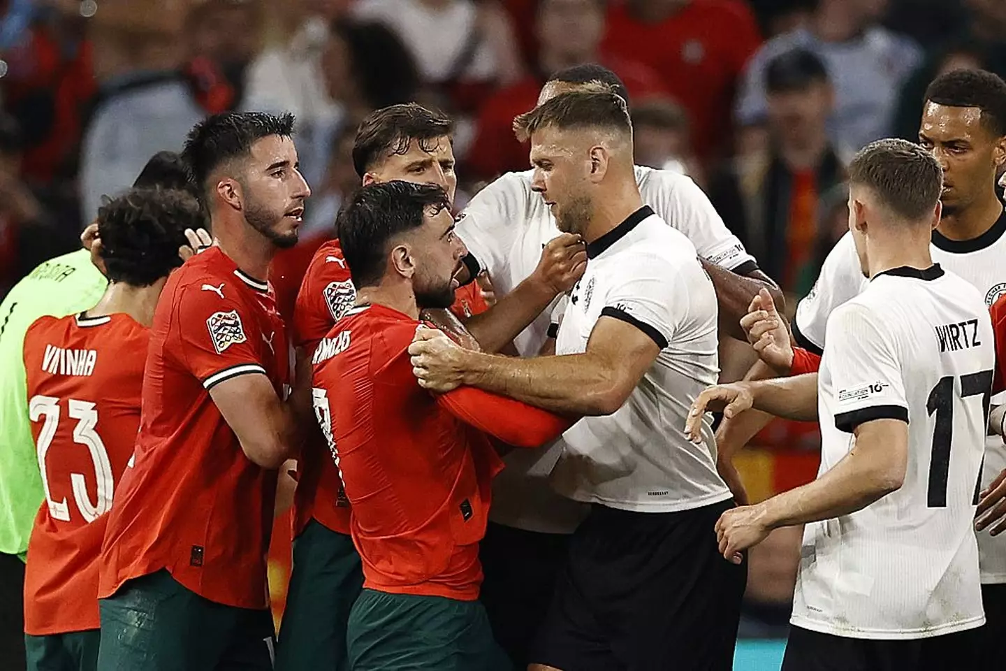 Bruno Fernandes and Florian Wirtz were involved in several clashes during the heated match. (Image: Getty)