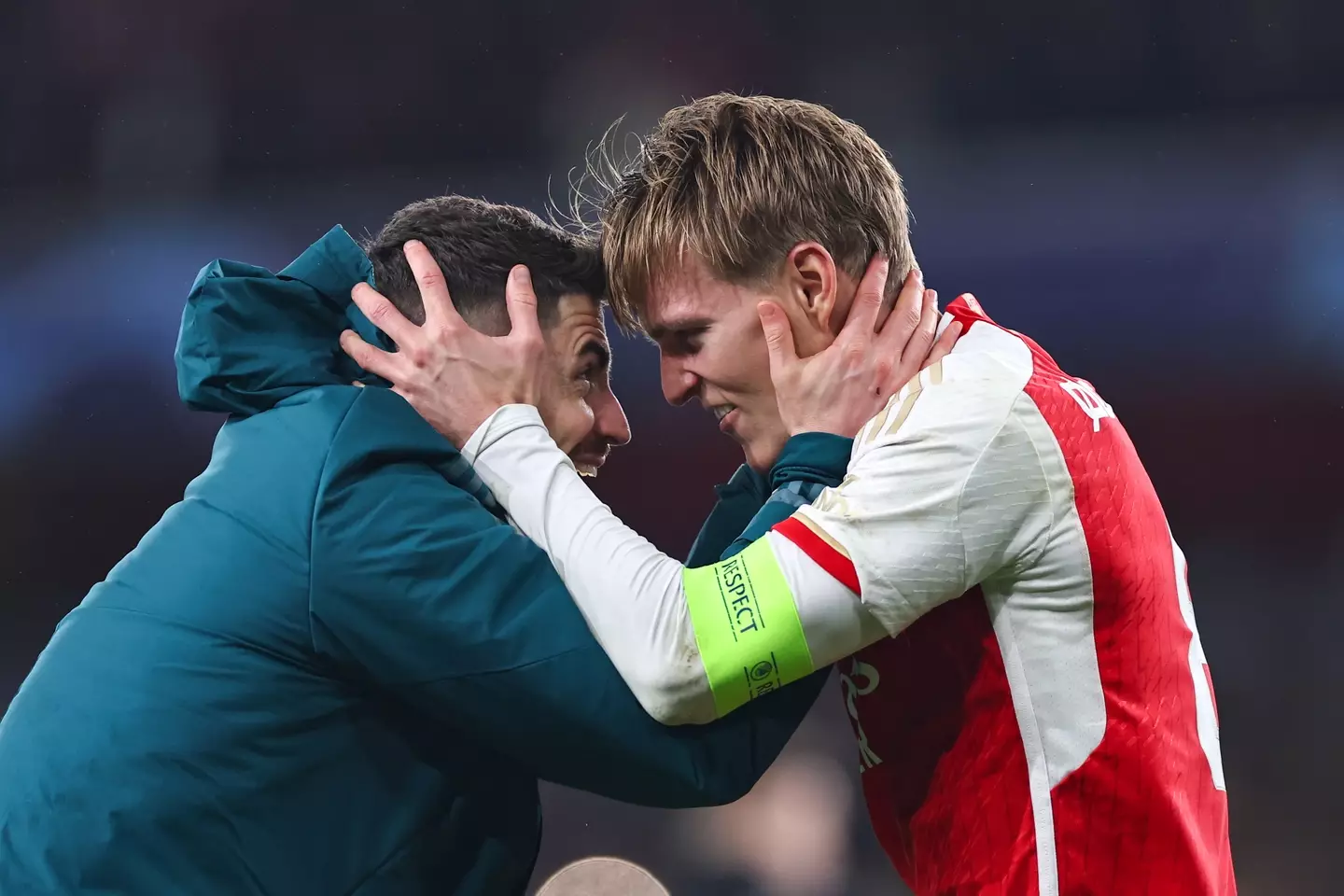Jorginho and Martin Odegaard embrace after Arsenal's victory over Porto. Image: Getty