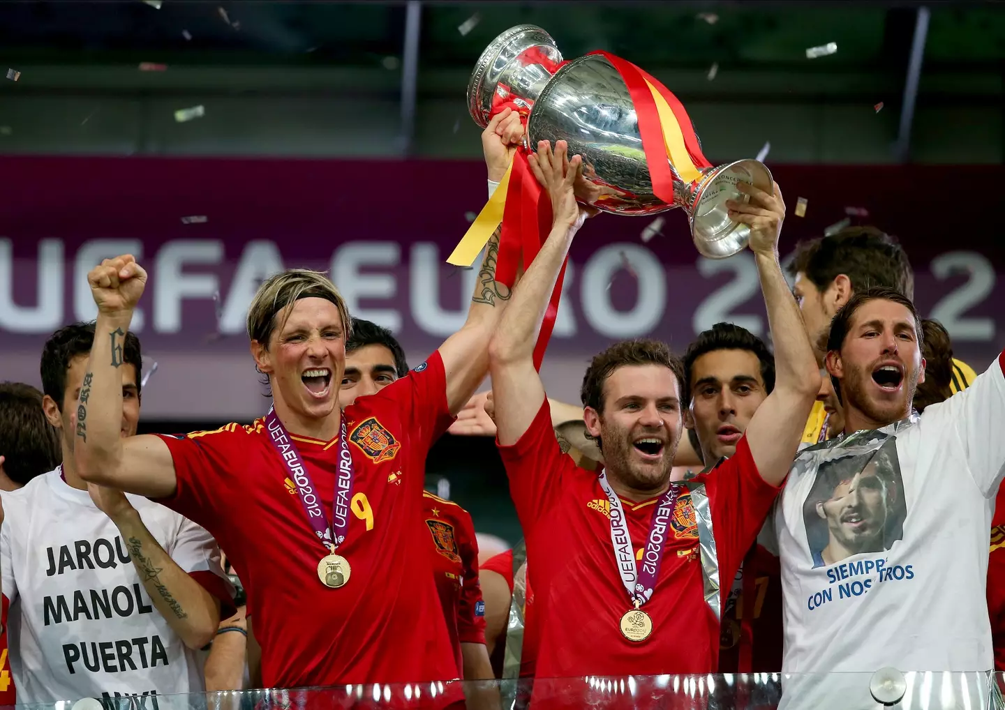 Juan Mata celebrates winning the Euros with Spain in 2012. Image: Getty