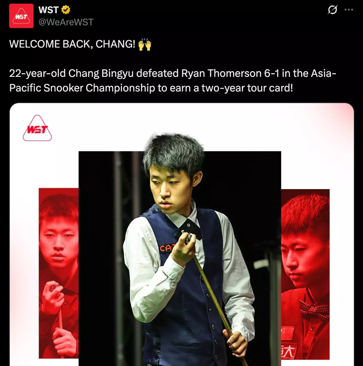 Chang Bingyu will return to the World Snooker Tour next season (Image: WST)