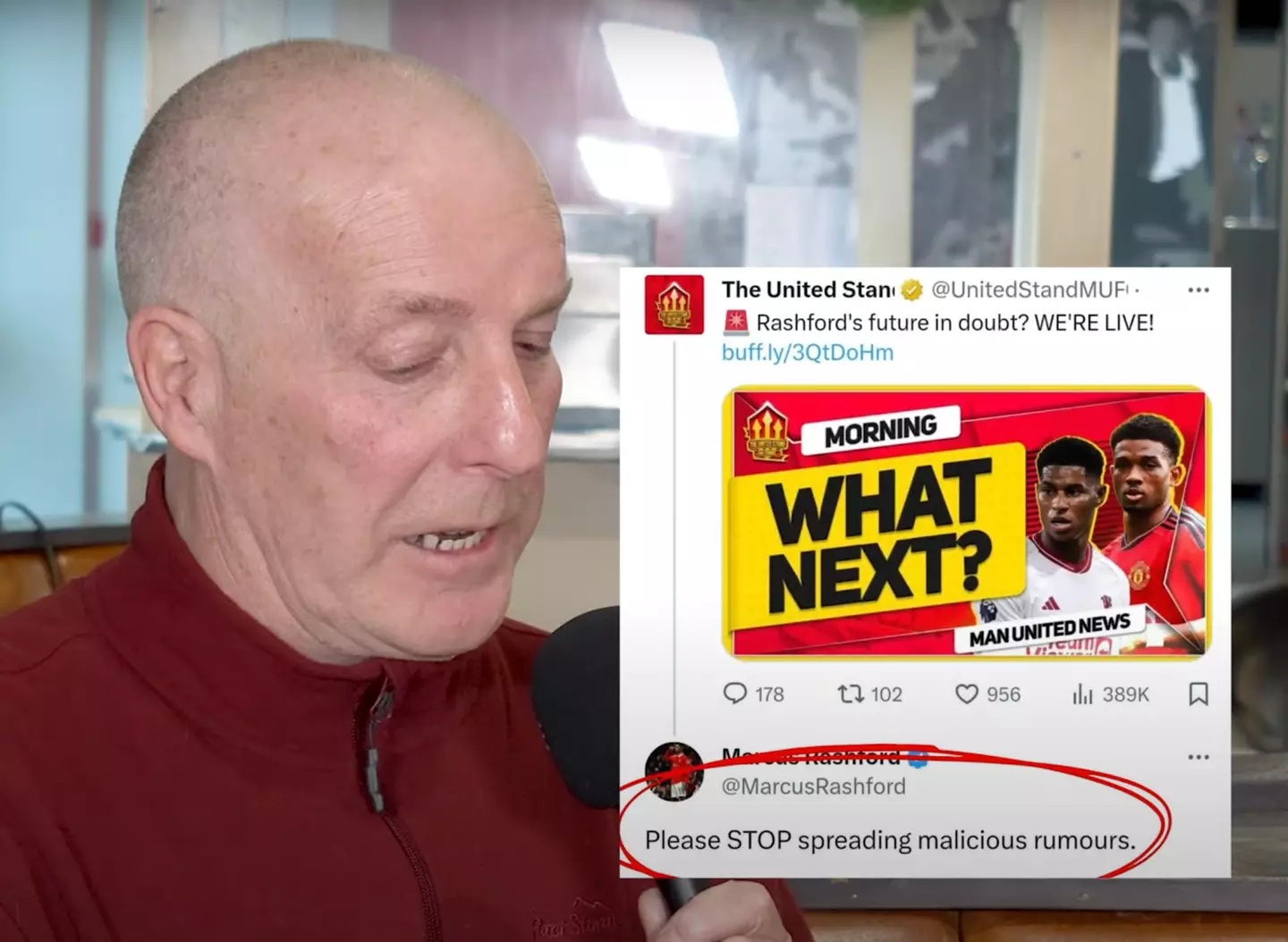 Marcus Rashford left a comment on The United Stand's post. Image credit: YouTube/Webby & O'Neill