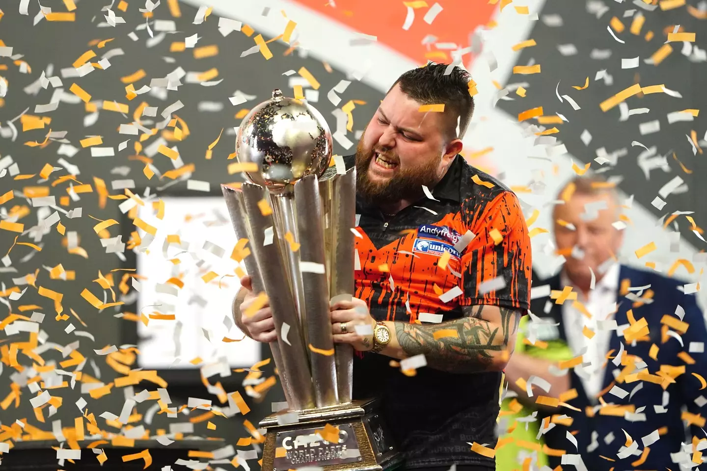 World No 1 Michael Smith celebrates his stunning win over Michael van Gerwen in the 2023 PDC World Darts Championship final.
