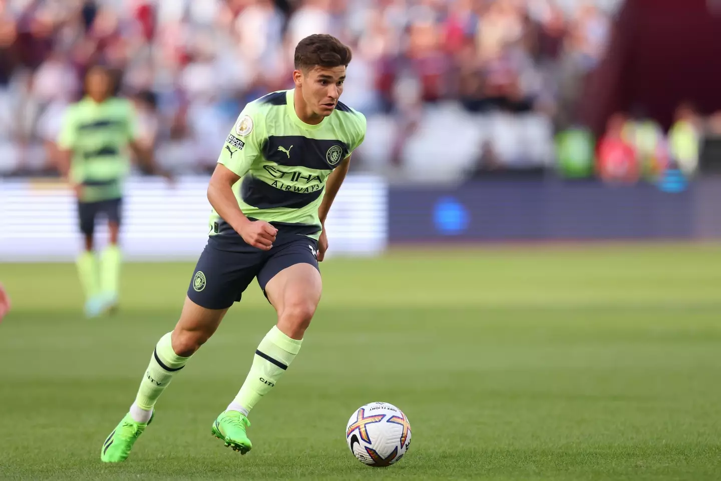 Julian Alvarez in action for Manchester City. (Action Plus Sports Images / Alamy)