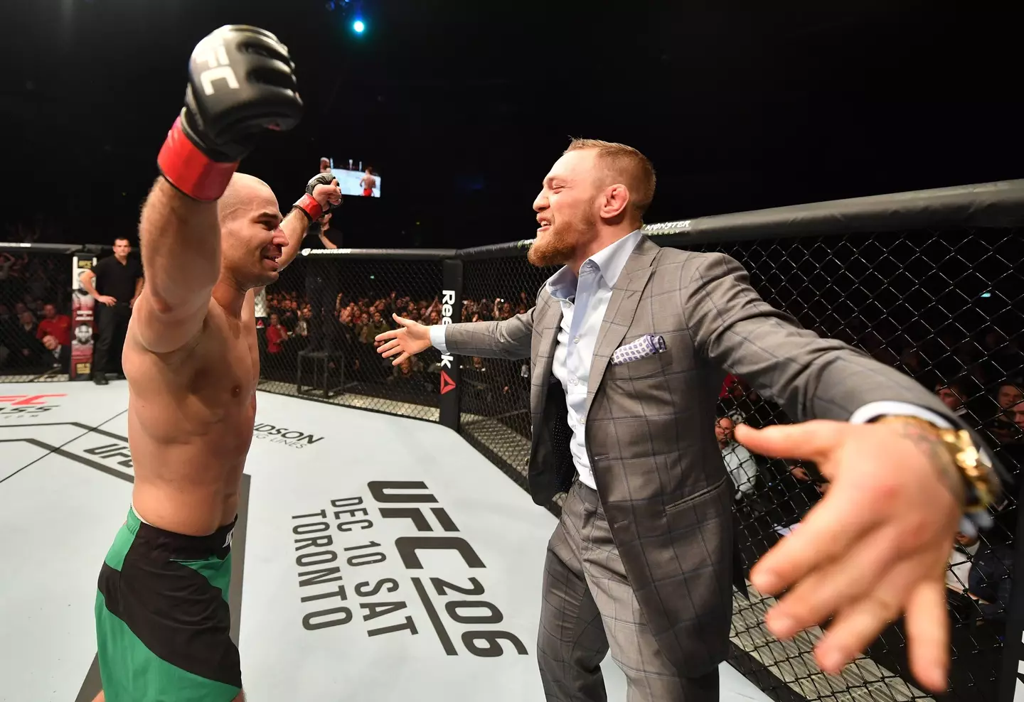Artem Lobov celebrates with Conor McGregor following his victory at UFC Belfast. Image: Getty