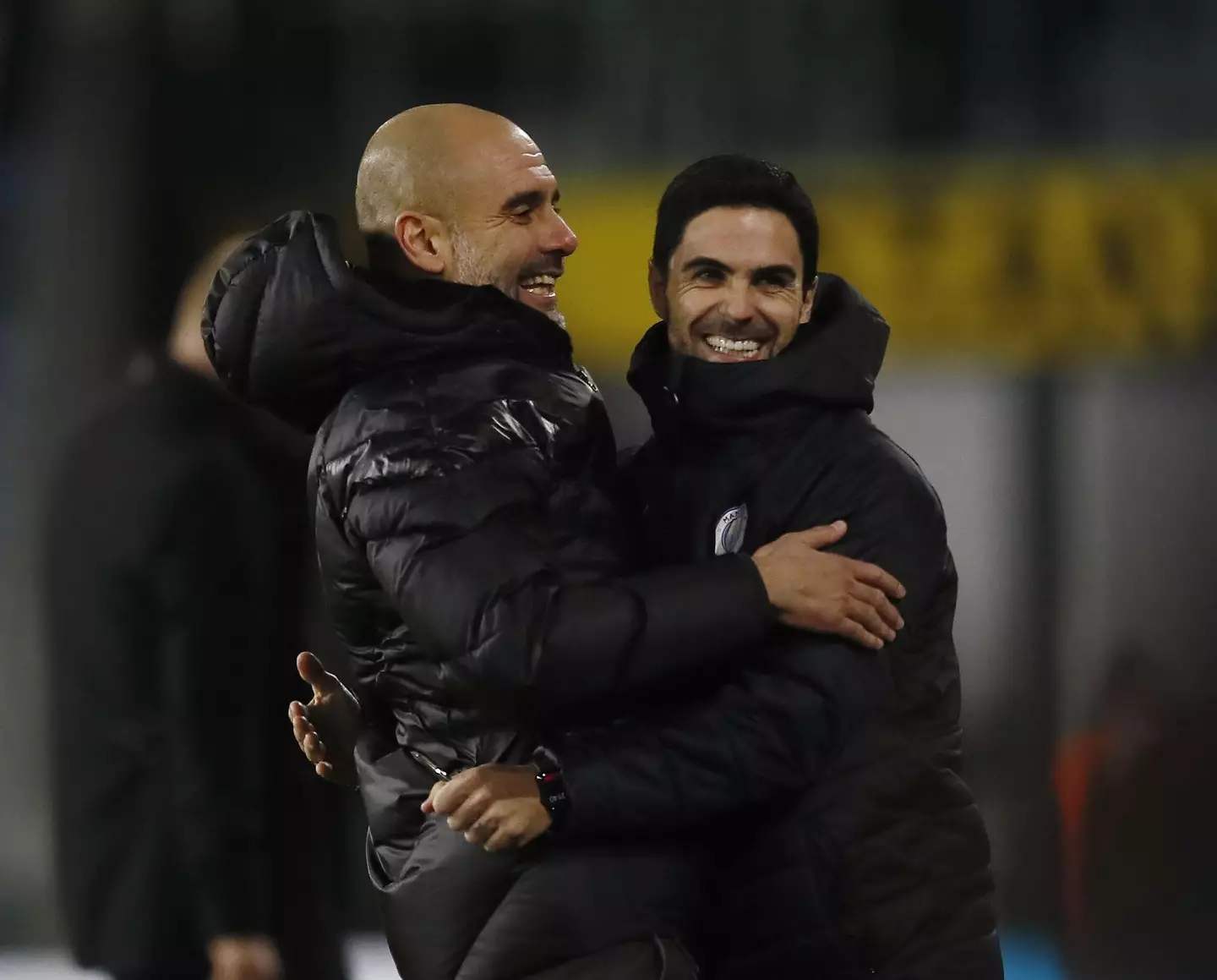 Pep Guardiola and Mikel Arteta celebrate during their time together at Manchester City. Image: Alamy