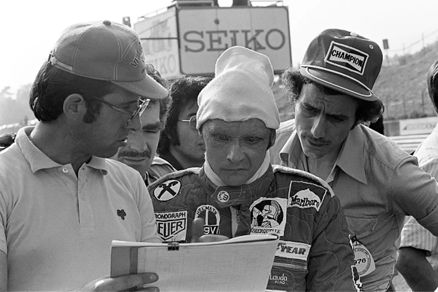 Lauda (centre) pulled out of the 1976 Japanese GP over safety concerns (Image: Getty)