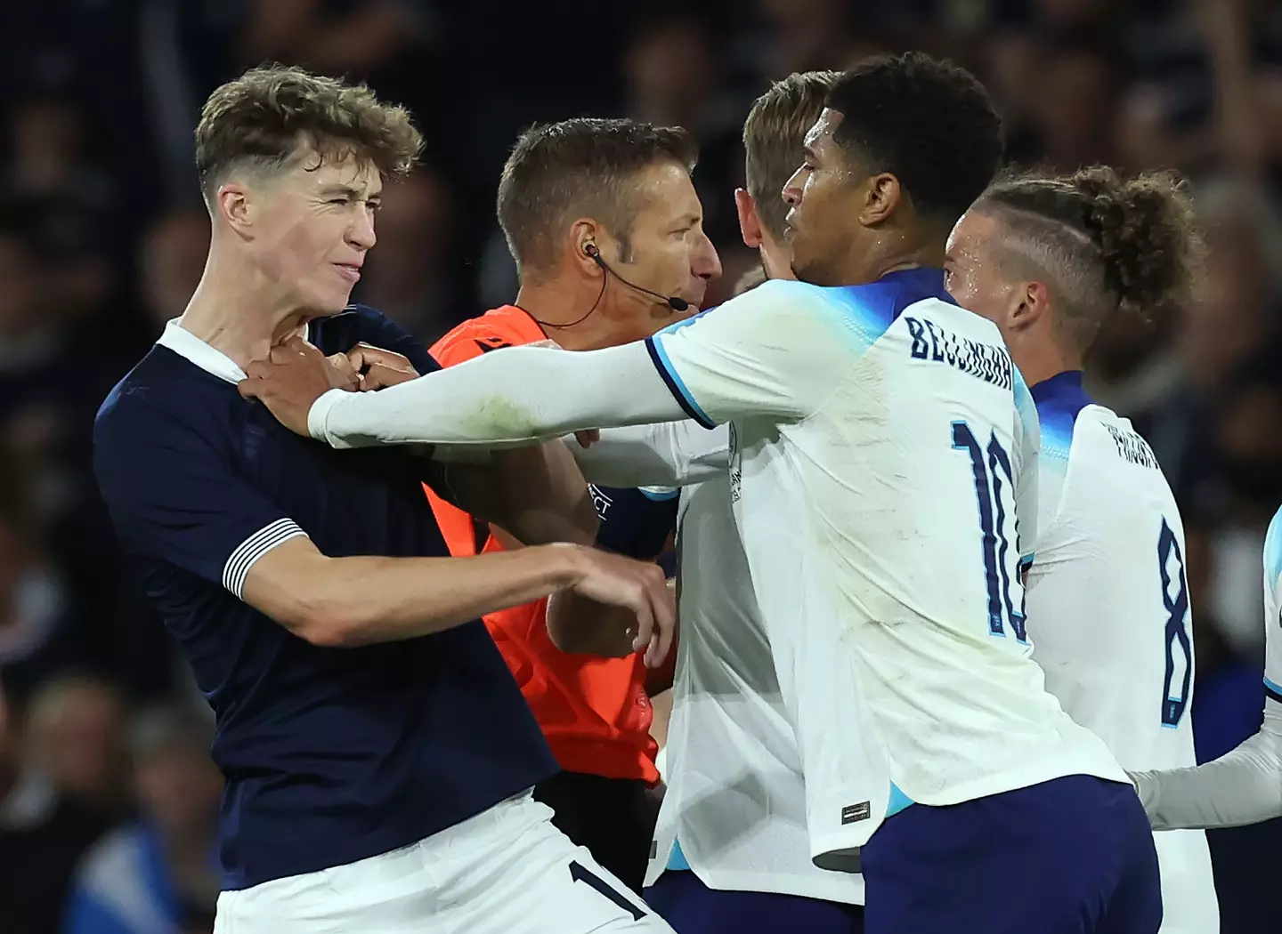 Jude Bellingham clashes with Jack Hendry. Image: Getty