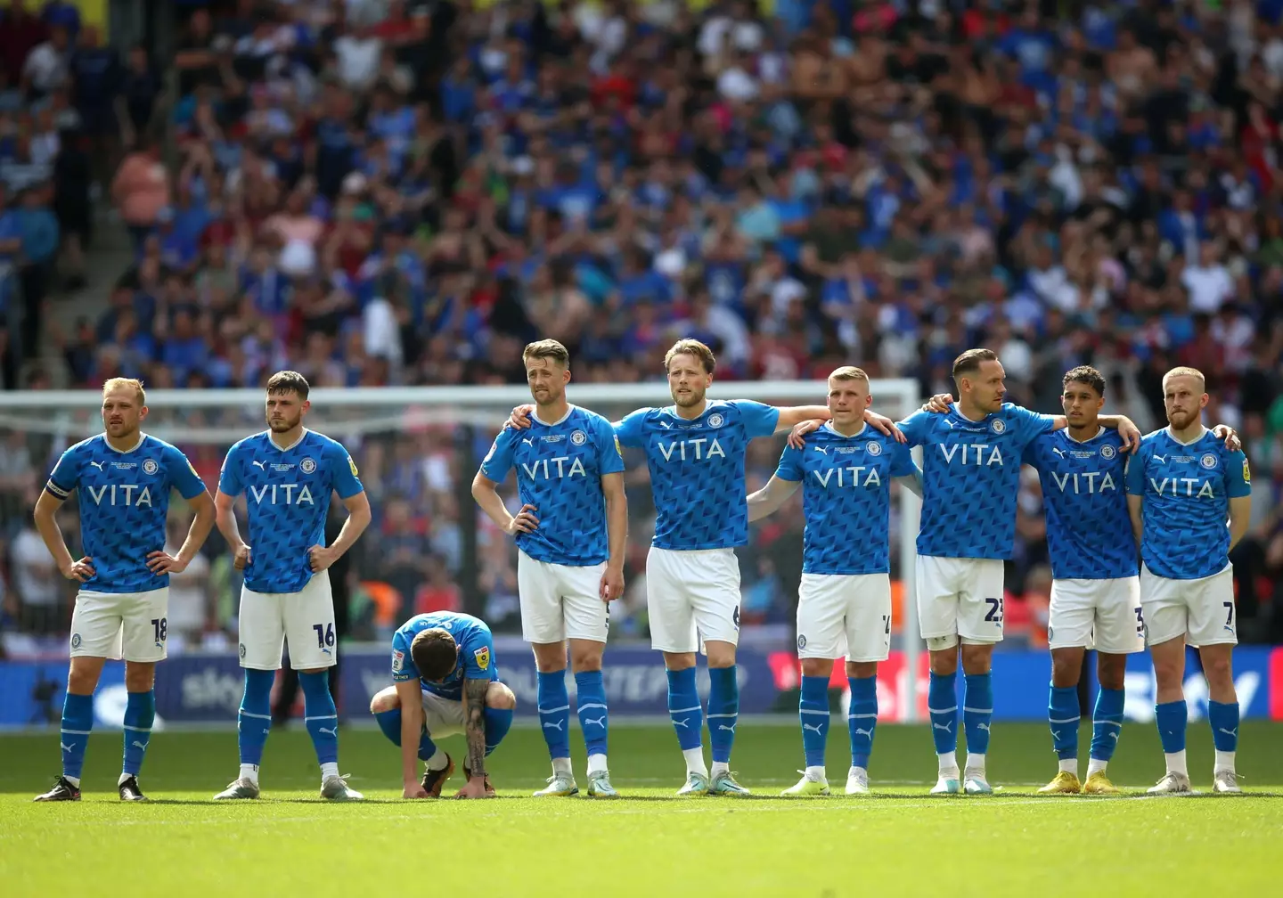 Stockport players were dejected losing the final on penalties and will want to go up automatically next season. Image: Alamy