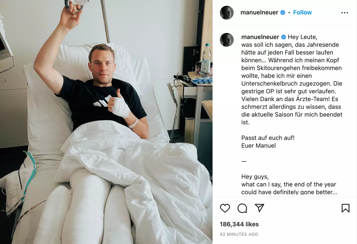 Neuer's Instagram post confirming the news. (Image