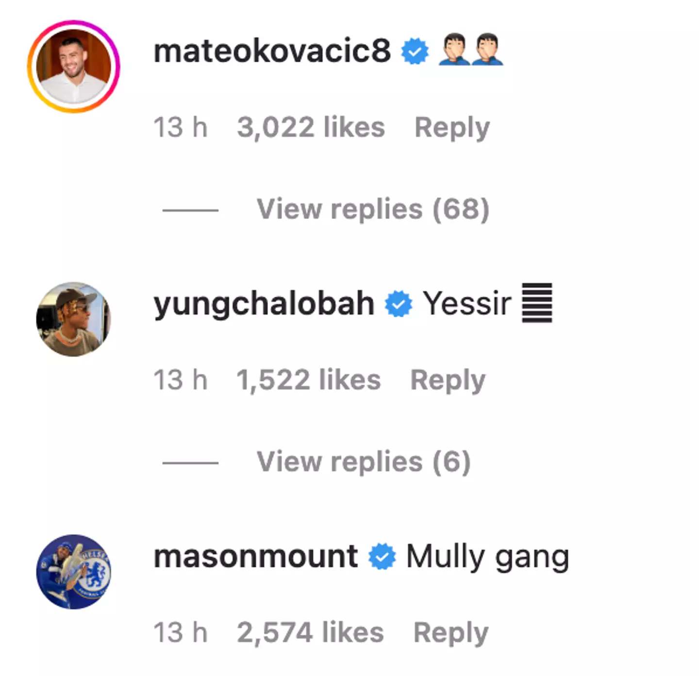 Mateo Kovacic, Trevoh Chalobah and Mason Mount react to Christian Pulisic's new haircut. (Instagram)