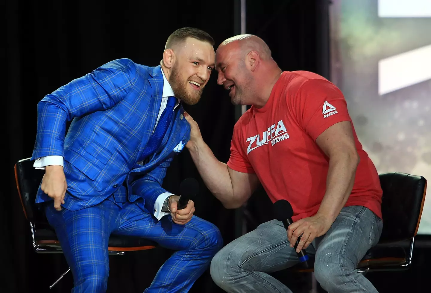 Conor McGregor and Dana White during a pre-fight press conference for the Floyd Mayweather fight. Image: Getty