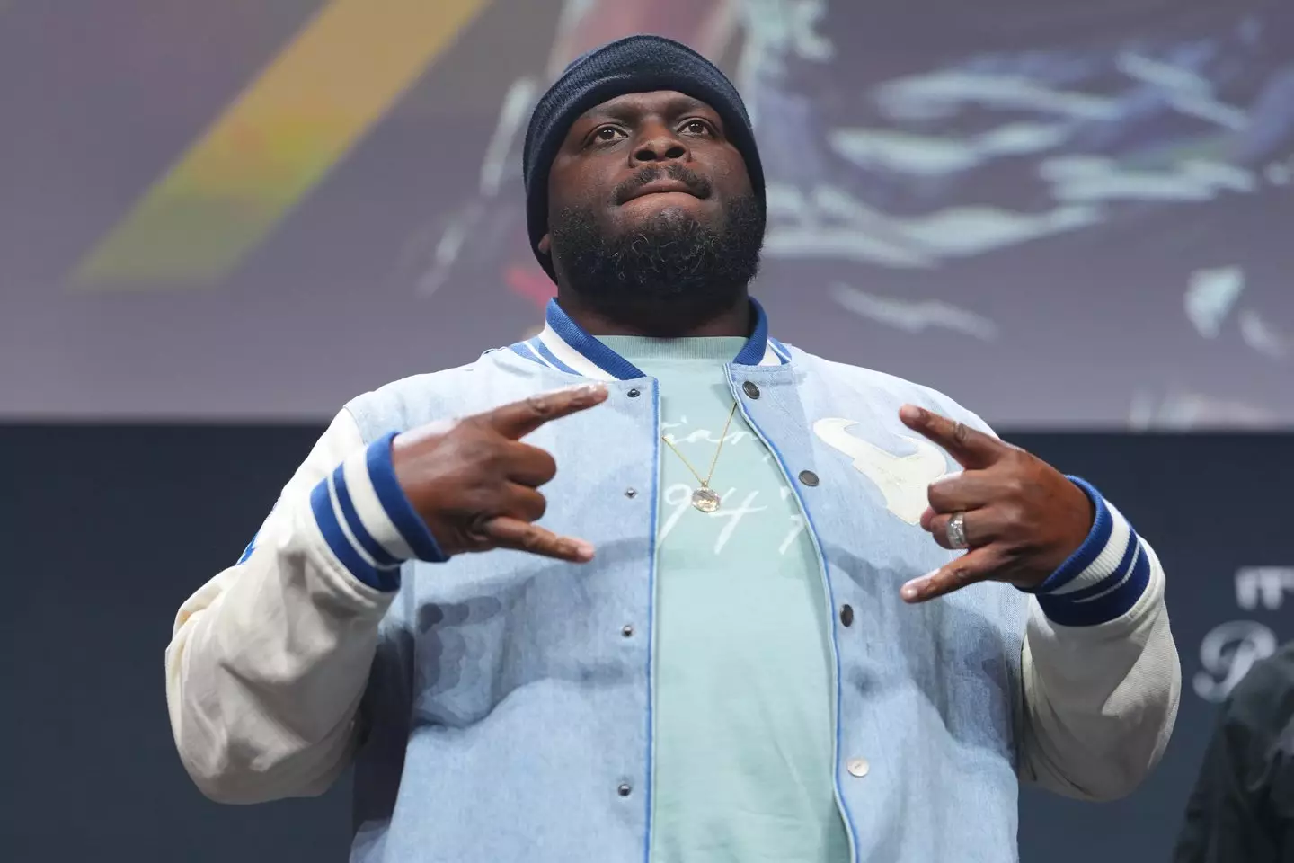 Derrick Lewis on stage for UFC's seasonal press conference. Image: Getty
