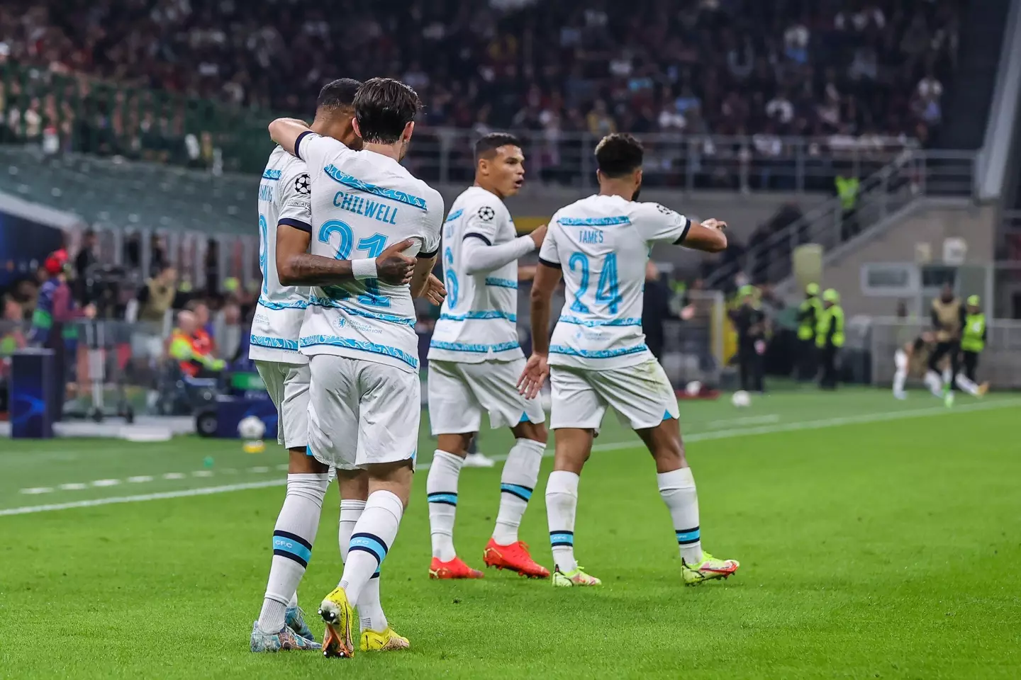 Pierre-Emerick Aubameyang of Chelsea FC celebrates with his team mates after scoring a goal during the UEFA Champions League. (Alamy)