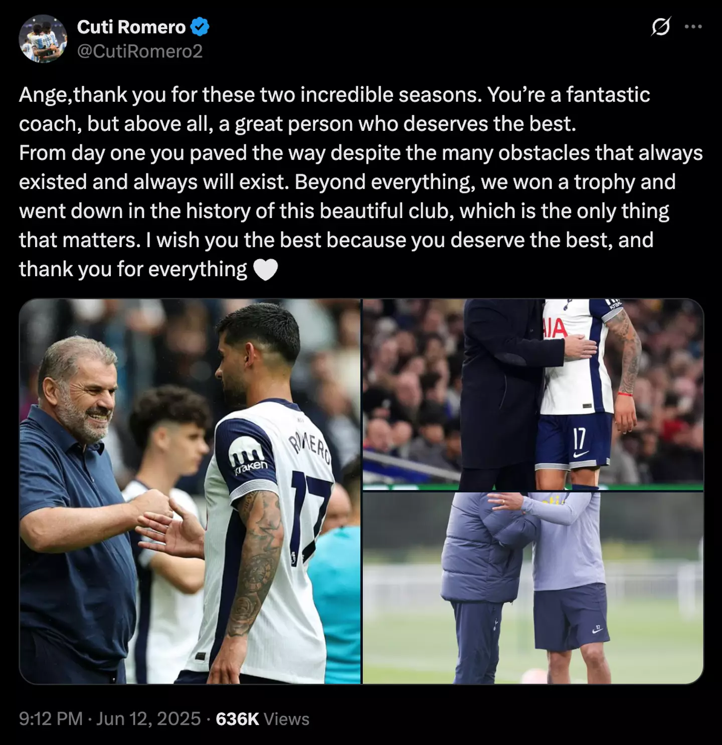 Romero's farewell message to Ange Postecoglou (Image: Twitter/@cutiromero2)