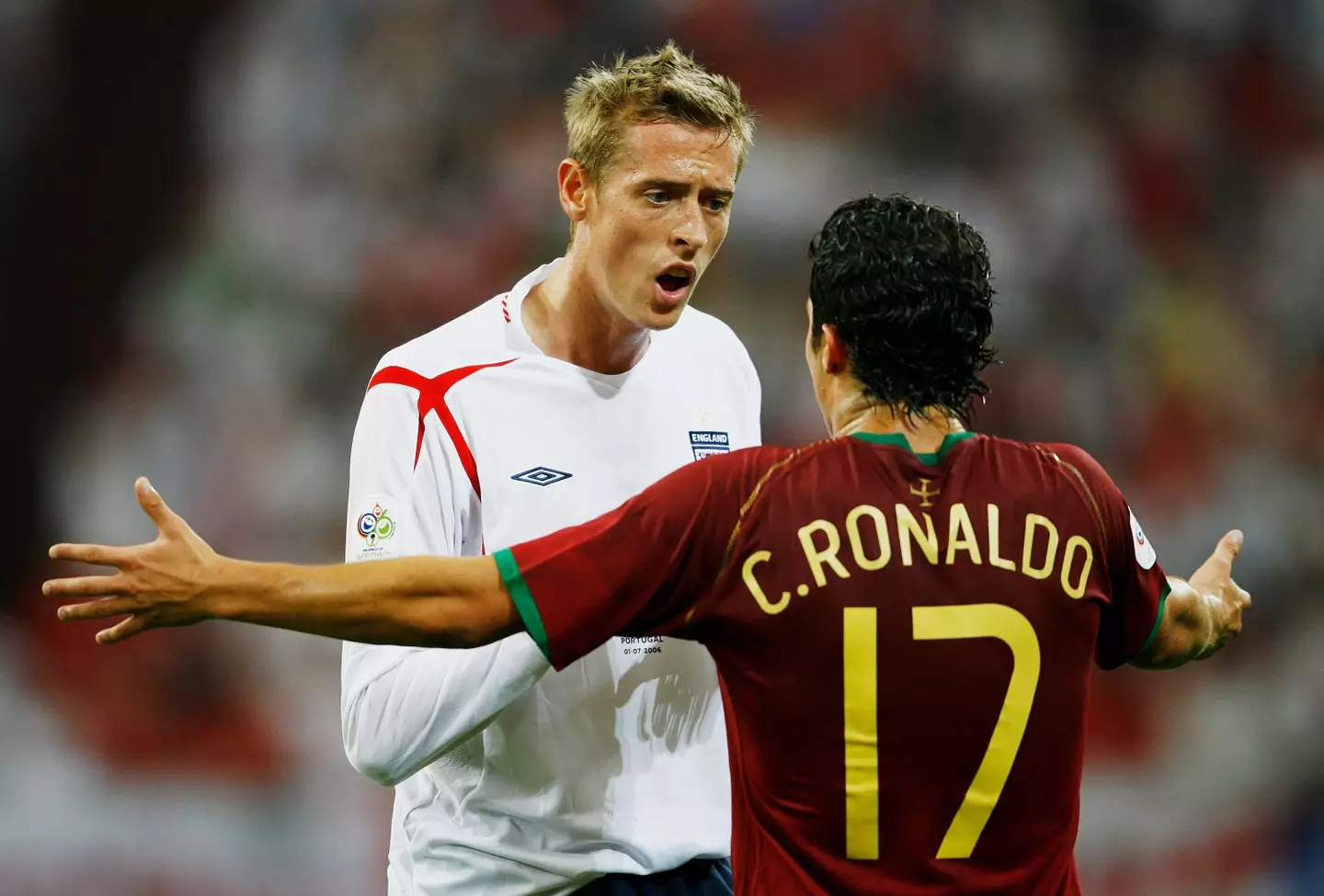 Peter Crouch has an altercation with Cristiano Ronaldo at the 2006 World Cup (Getty Images)