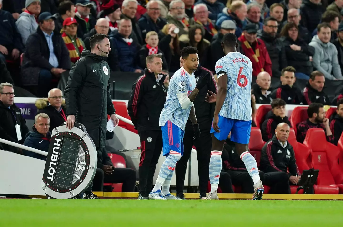 Paul Pogba being substituted early due to injury against Liverpool in what ended up being a 4-0 defeat for Manchester United |