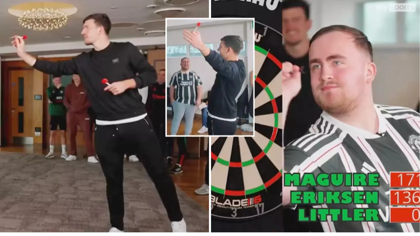 Harry Maguire's darts ability stuns fans as he takes on Luke Littler in front of Man Utd team