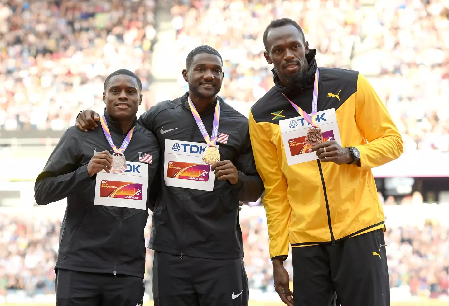 Christian Coleman, Justin Gatlin and Usain Bolt during the medal ceremony at the 2017 World Championships. Image: Getty