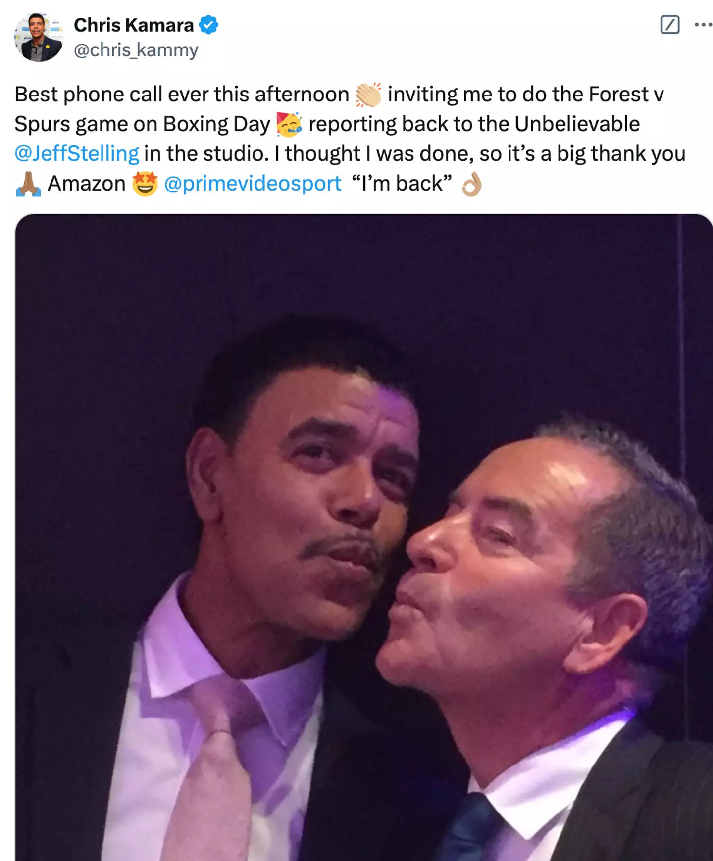 Chris Kamara has announced his TV return. Image: X/Chris Kamara