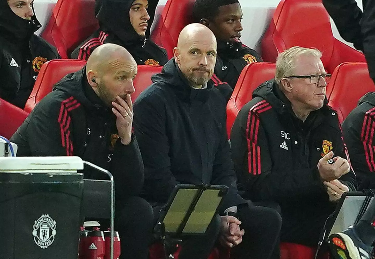 Erik ten Hag and his coaching staff watch on. Image: Alamy