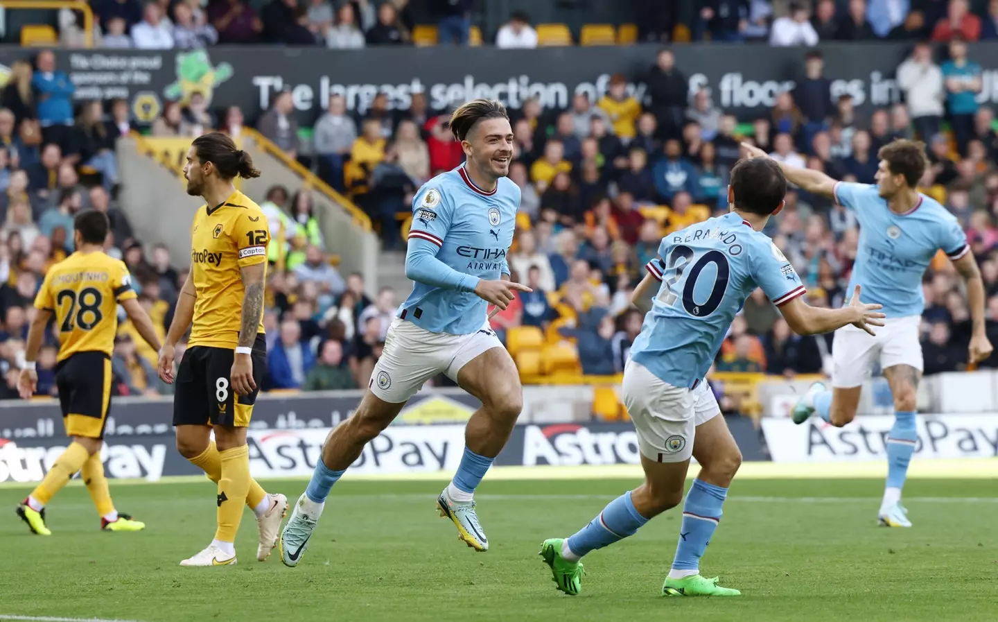 Grealish celebrates his goal against Wolves. Image: Alamy