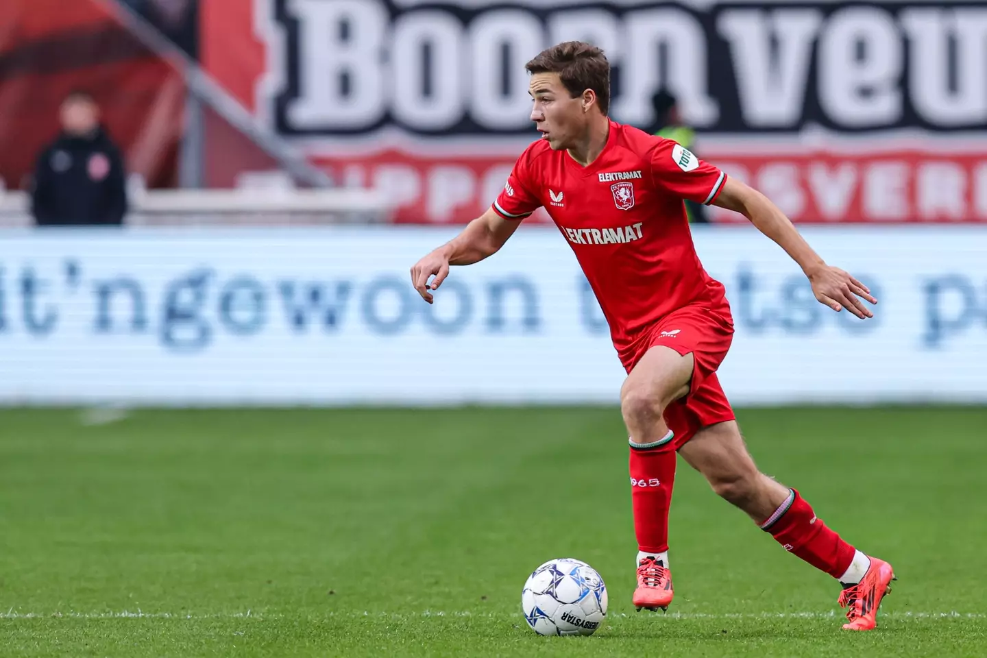 Carel Eiting of FC Twente dribbles during the Eredivisie match between FC Twente and Ajax. Image credit: Getty